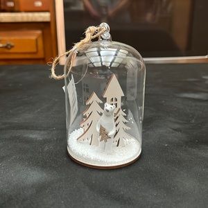 Glass Holiday Globe With Polar Bear, Wooden Houses and Snow.  NWT.